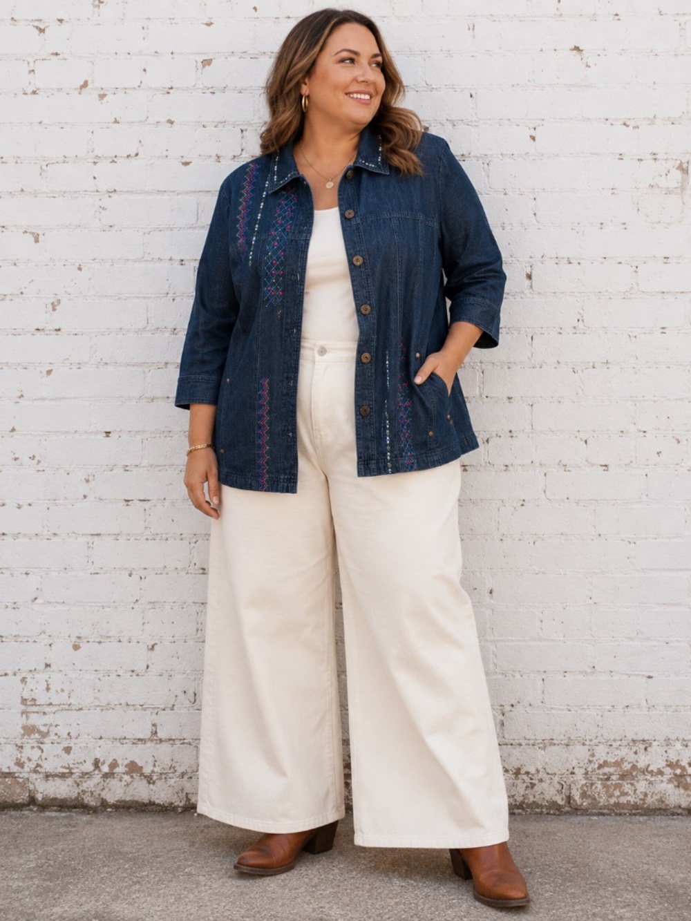 ALia Embroidered Denim Jacket Blue Cotton Button Front Folk Boho Size 18